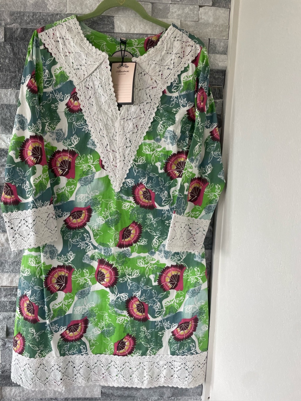 Women ALMATRICHI NWT Long Sleeve Tunic Dress-Lace Trim-Green-Size 44-US Large